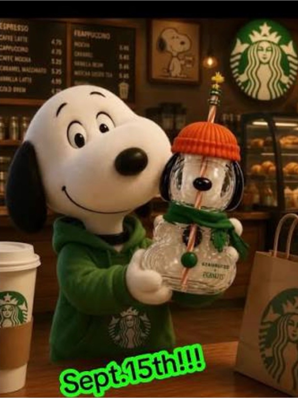 Starbucks Peanuts Snoopy Glass Snowman Tumbler - Green & Orange